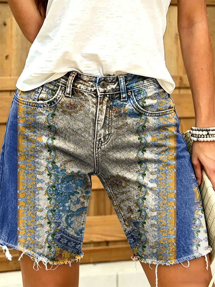 Women's Vintage Floral Print Denim Shorts