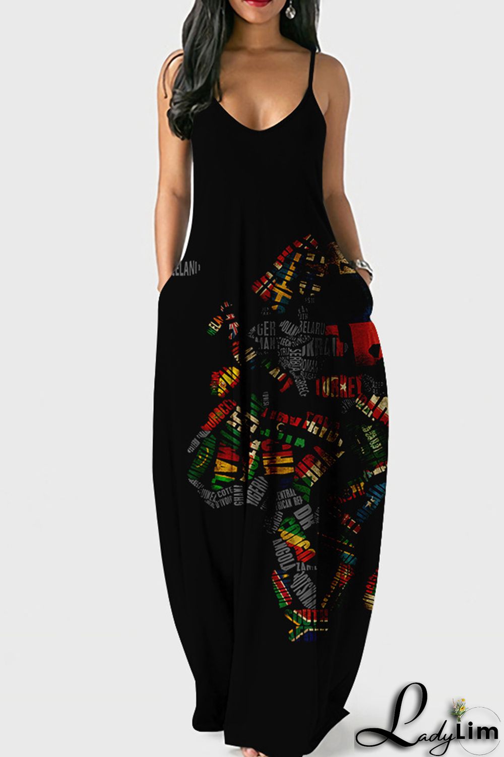 White Blue Fashion Sexy Print Backless Spaghetti Strap Long Dress