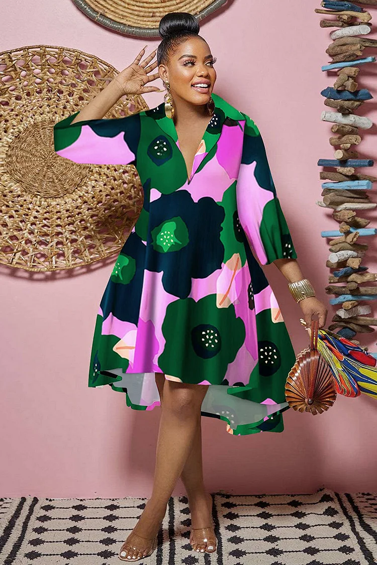 Pattern Print Deep V Neck Three Quarter Sleeve A-Line Blouse Mini Dress