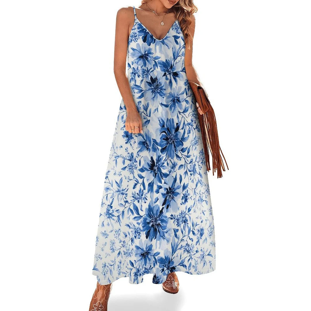 Style & Comfort for Mature Women Plus Size Printed Sling Casual Women Maxi Dress in Pattern Floral, Blue