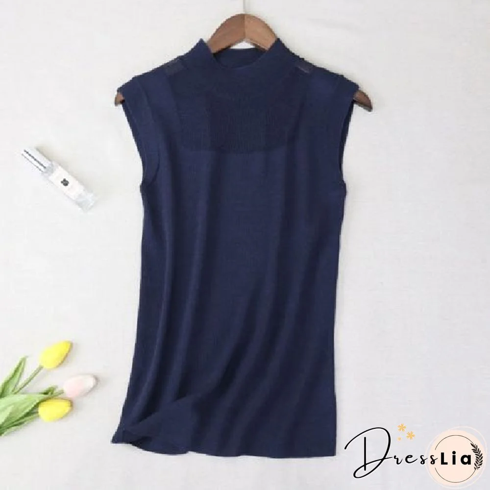 Hollow Out Sleeveless Women Knitted T Shirts Turtleneck Black Lace Sexy Lady Vest T Shirts Pink Loose Summer Thin Knit Tops