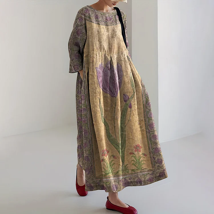 Utbros Vintage Tulip Art Print Cotton And Linen Dress