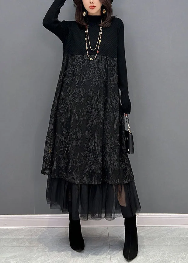 Chic Black Embroideried Tulle Patchwork Knit Dresses Winter