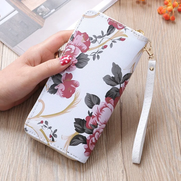 2020 Women's Rose Print Wallet Long Handbag Fashion Wild Zipper Clutch Bag Multi-card Wallet Purse Card Holder cartera