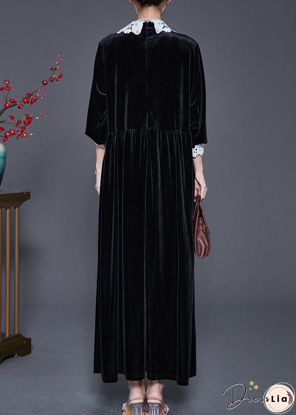 Loose Black Lace Patchwork Nail Bead Silk Velvet Long Dresses Spring