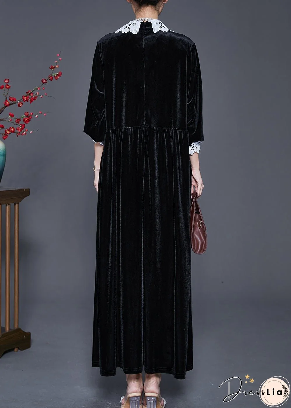 Loose Black Lace Patchwork Nail Bead Silk Velvet Long Dresses Spring