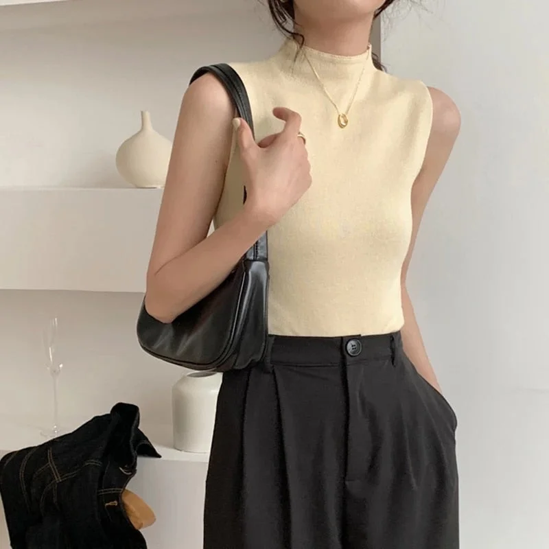 Sexy Knitted Top Summer Turtleneck Tank top Women camisole Blouse Sleeveless Slim Top Female sleveless t-shirt Vest Casual Camis