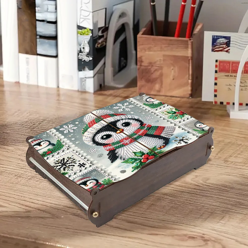 5D DIY Diamond Art Crystal Storage Wooden Case Kit for Home Decor (Penguin)
