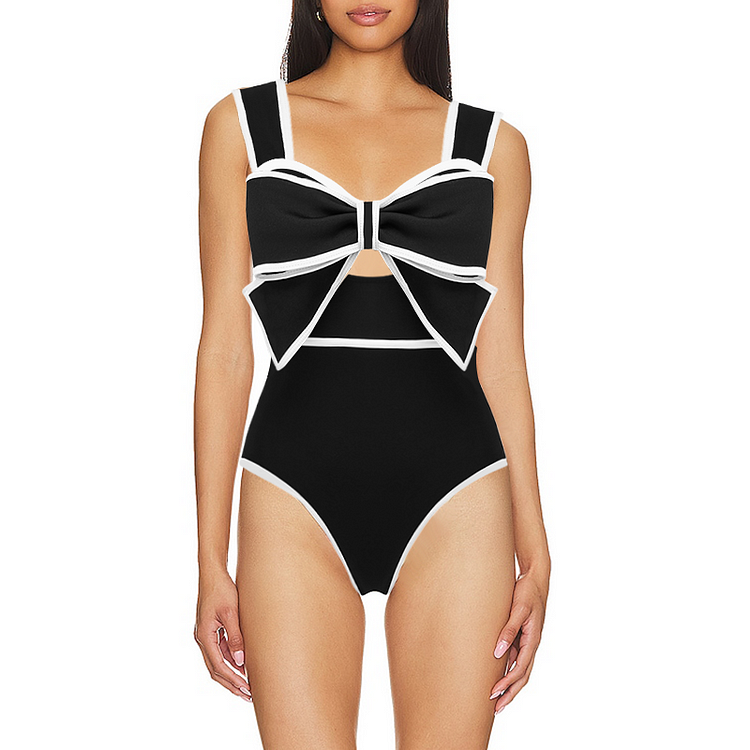 FLAXMAKER Black and White Bow-tie Decor One Piece Swimsuit and Skirt