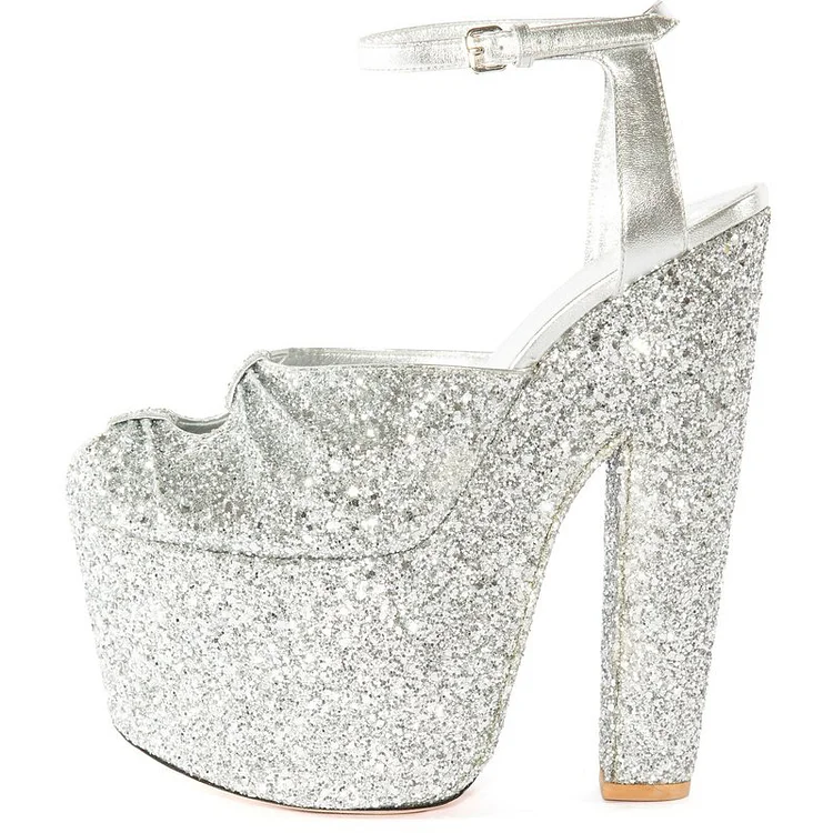 Women's Silver Glitter Shoes Chunky Heels Ankle Strap Sandals US 7 / EU 37-Silver