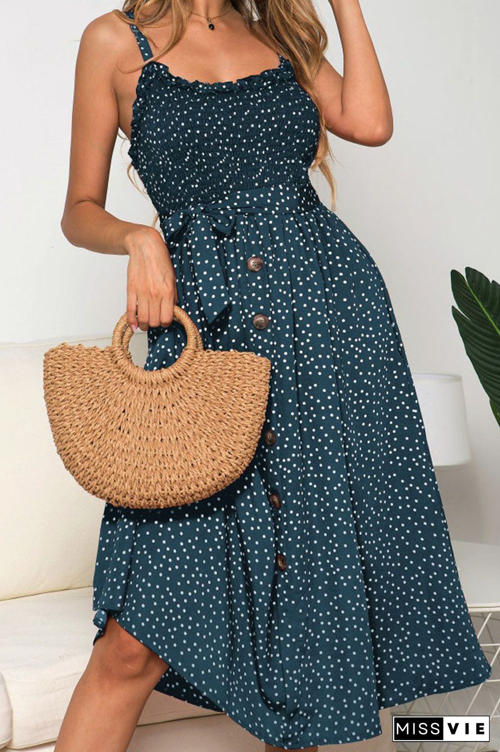 Fashion Street Dot Split Joint Spaghetti Strap A Line Dresses