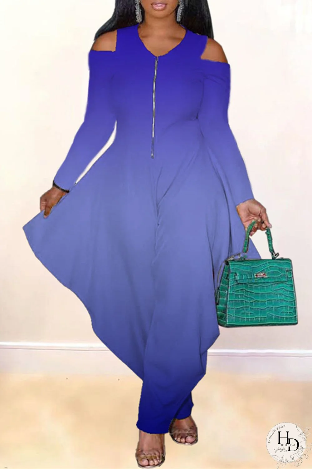 Blue Fashion Casual Gradual Change Print Hollowed Out V Neck Regular Jumpsuits