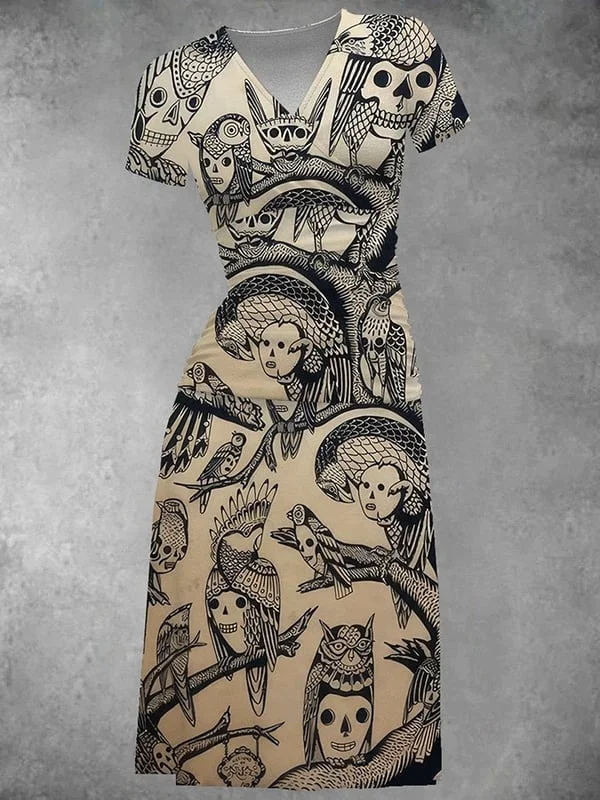 V Neck Vintage Skull Bird Tattoo Print Dress