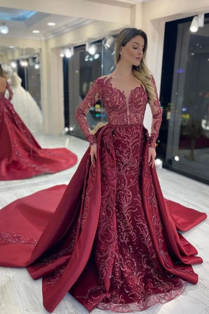 Elegant Rose mermaid evening dress long sleeves with Applique Sequins
