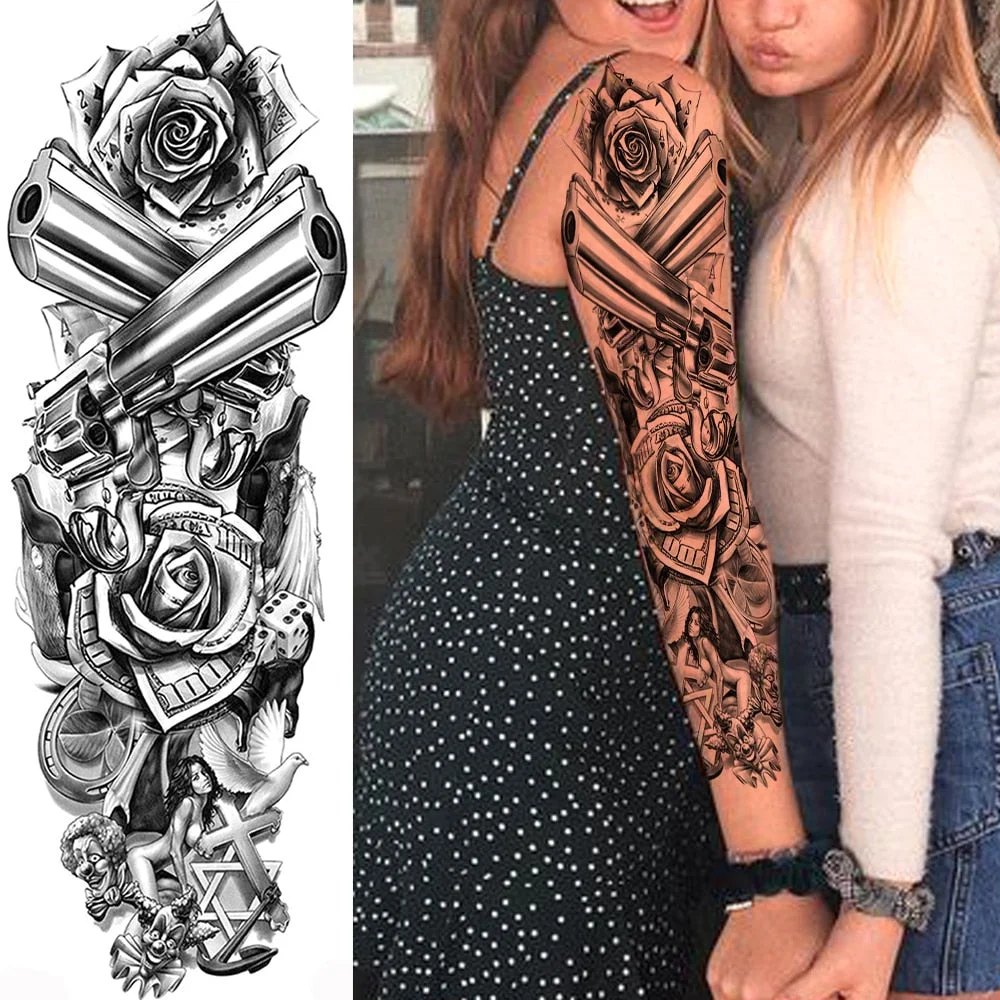 Sexy Full Arm Temporary Tattoos Sticker For Women Men Adult Gun Nun Vines Realistic Fake Tattoo Sleeves Large Tatoos Paste
