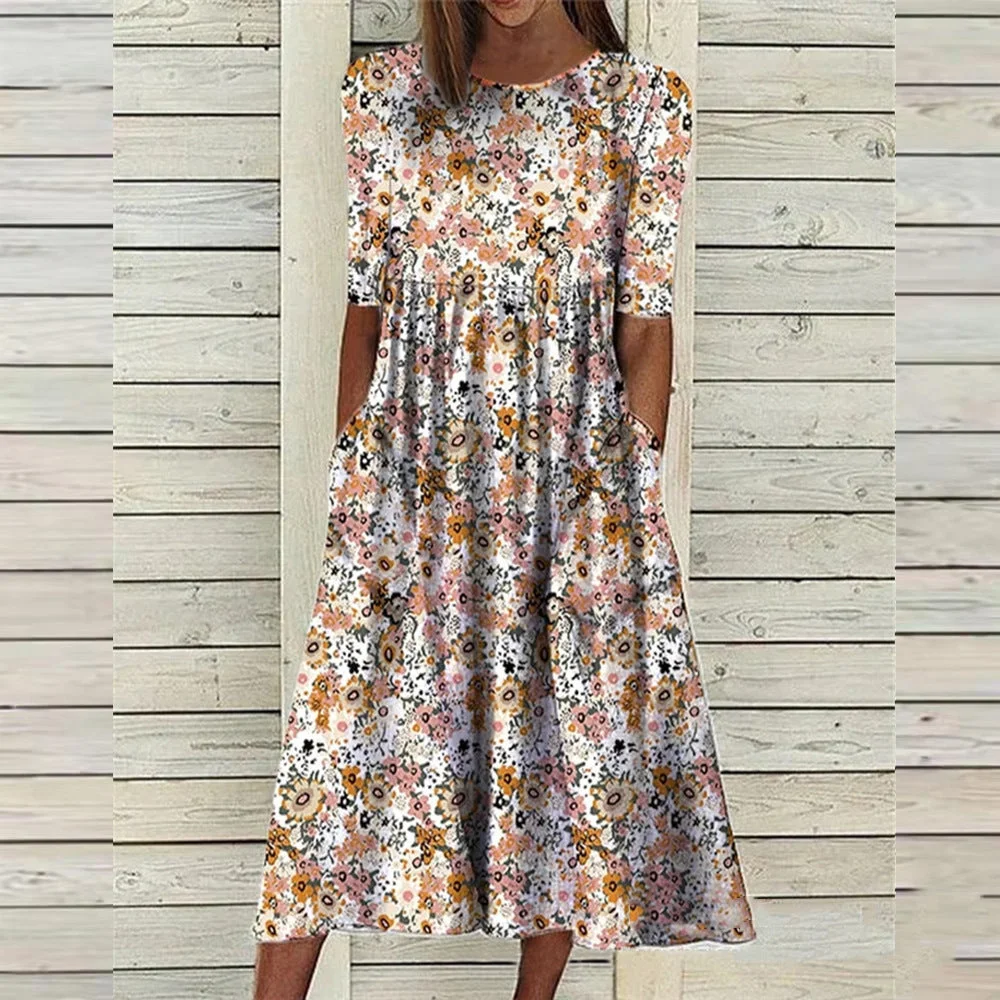 Brownm Printed Woman Loose Pockets Long Dresses
