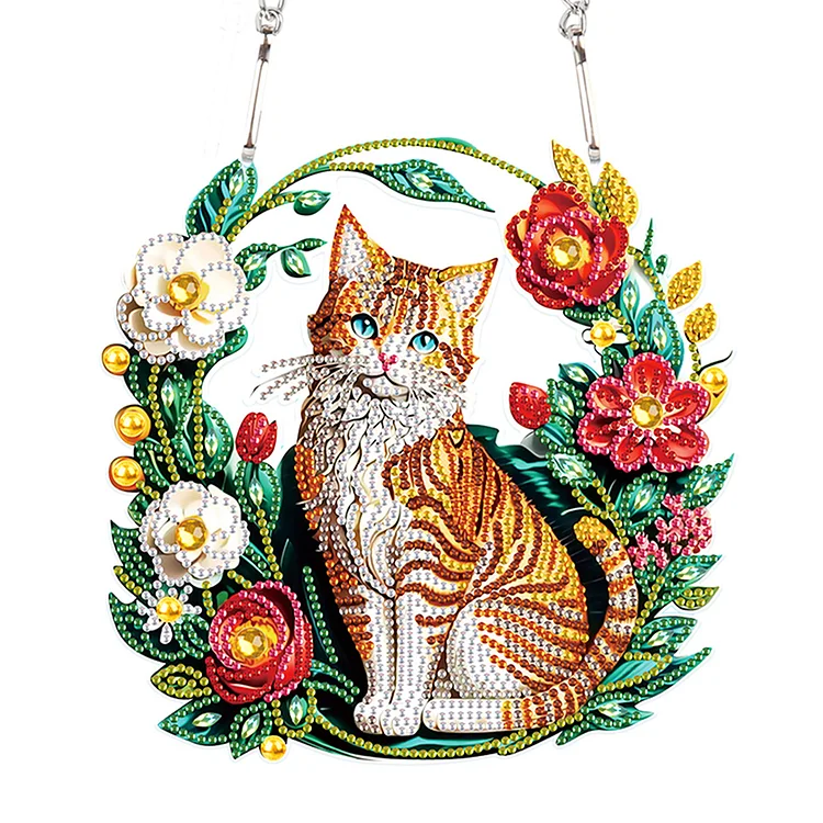 DIY Blume Katze Acryl speziell geformt + runde Diamantmalerei Kranzornament für Weihnachts-Wanddekoration