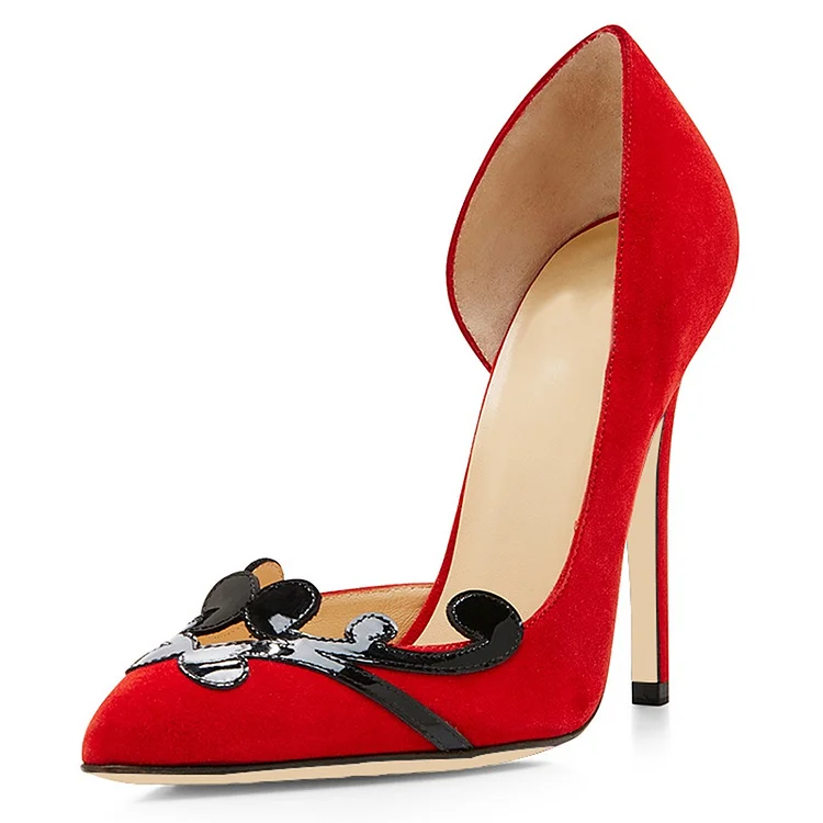 Red Vegan Suede and Black Patent Leather Stiletto Heels Pumps |FSJ Shoes