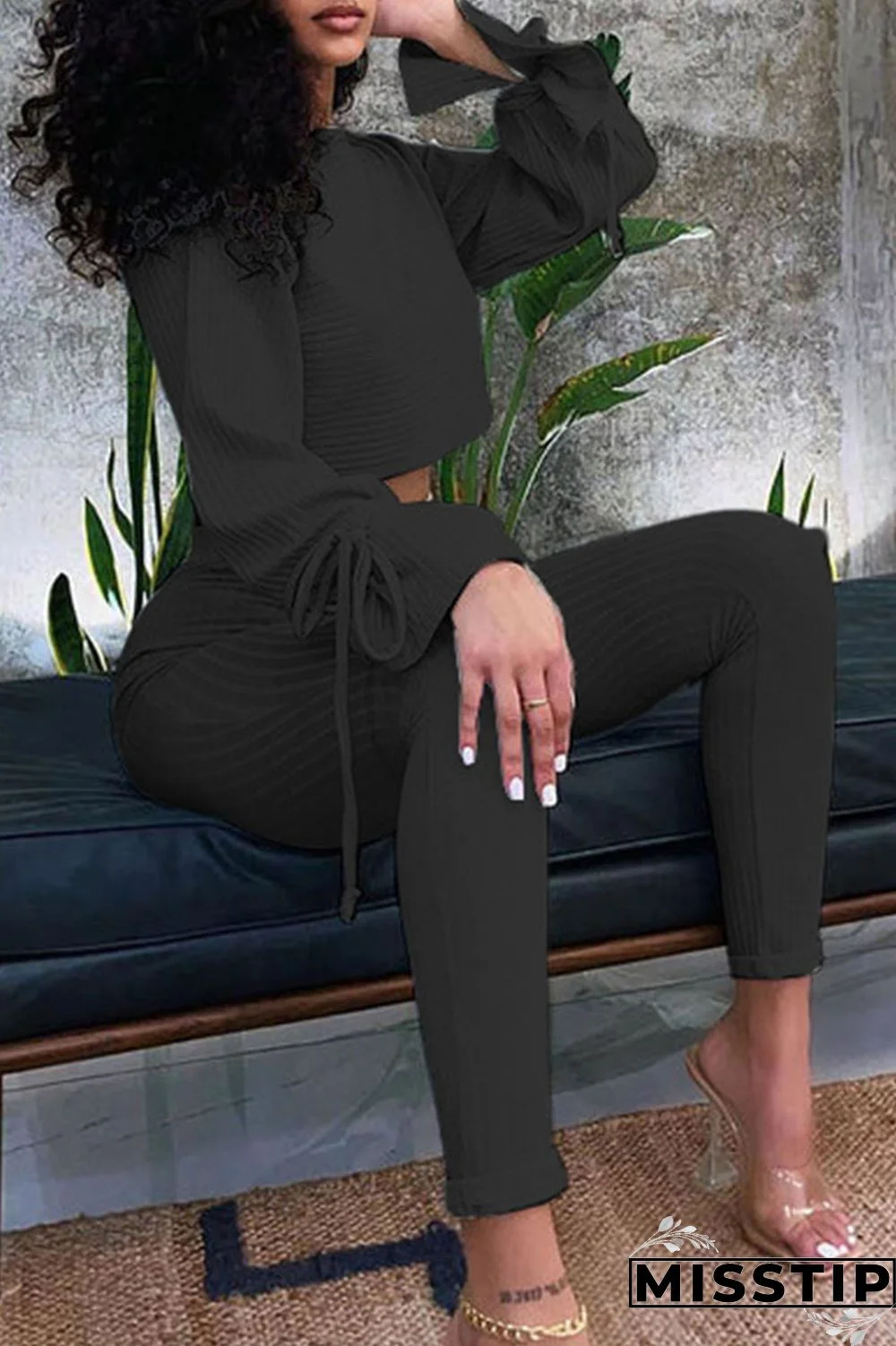 Black Casual Solid Patchwork O Neck Long Sleeve Two Pieces