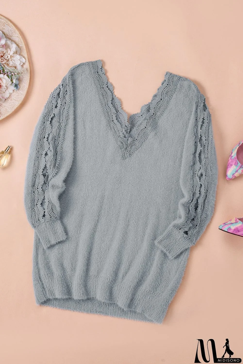 MidiSono - Gray Lace Splicing Sweater