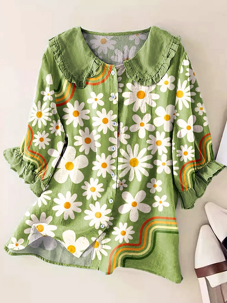 Women Vintage Floral Art Print Peter Pan Collar Half Sleeve Blouses