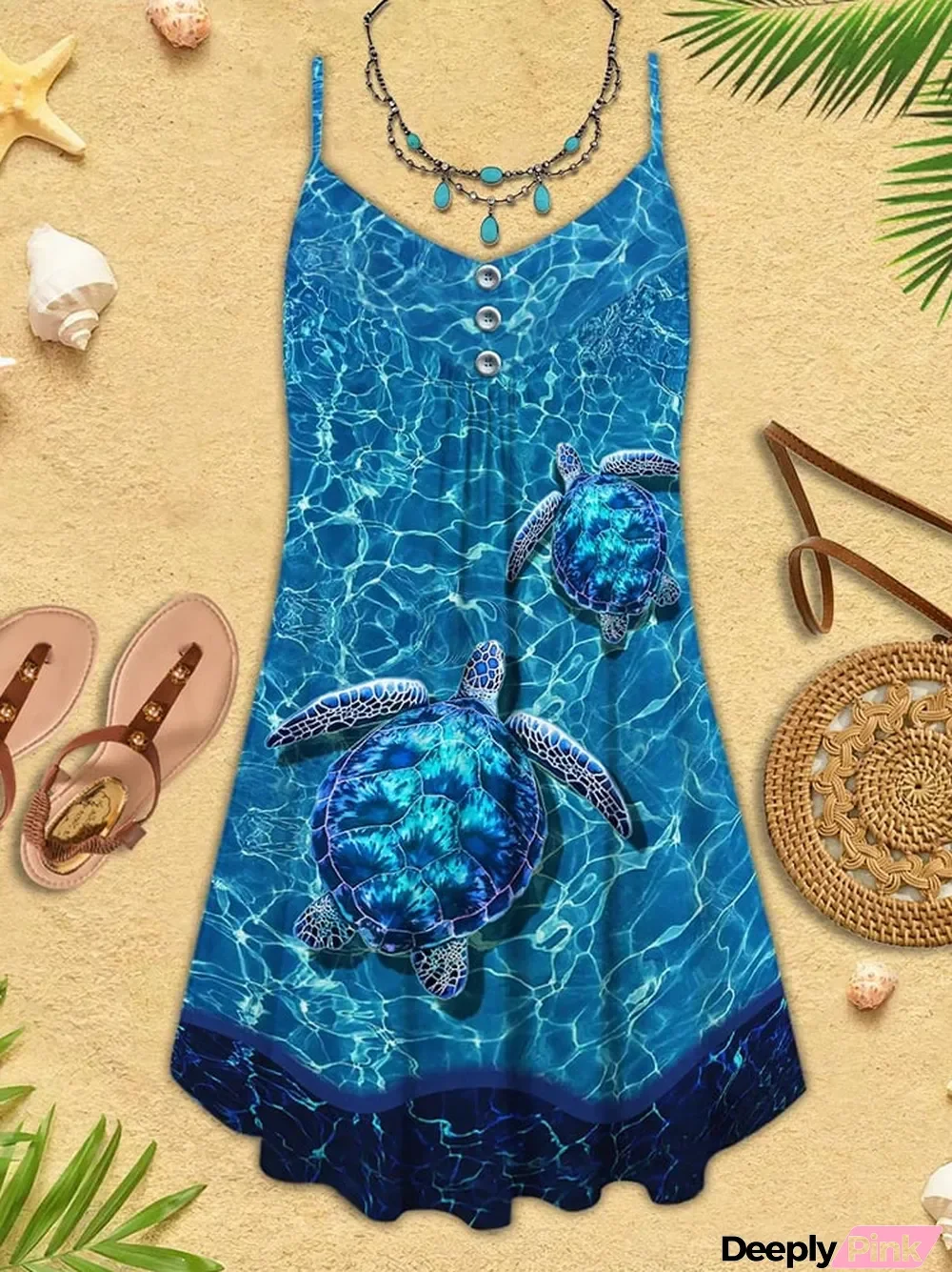 Women's Turtle Ocean Print Vacation Beach Slip Dress