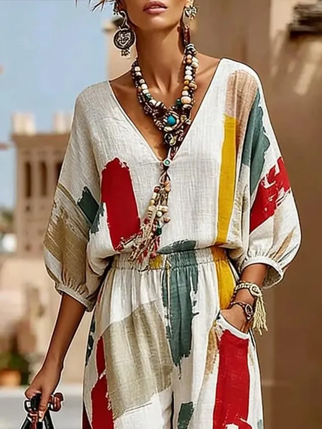 Casual Abstract Printing V Neck Blouse mysite idetrend