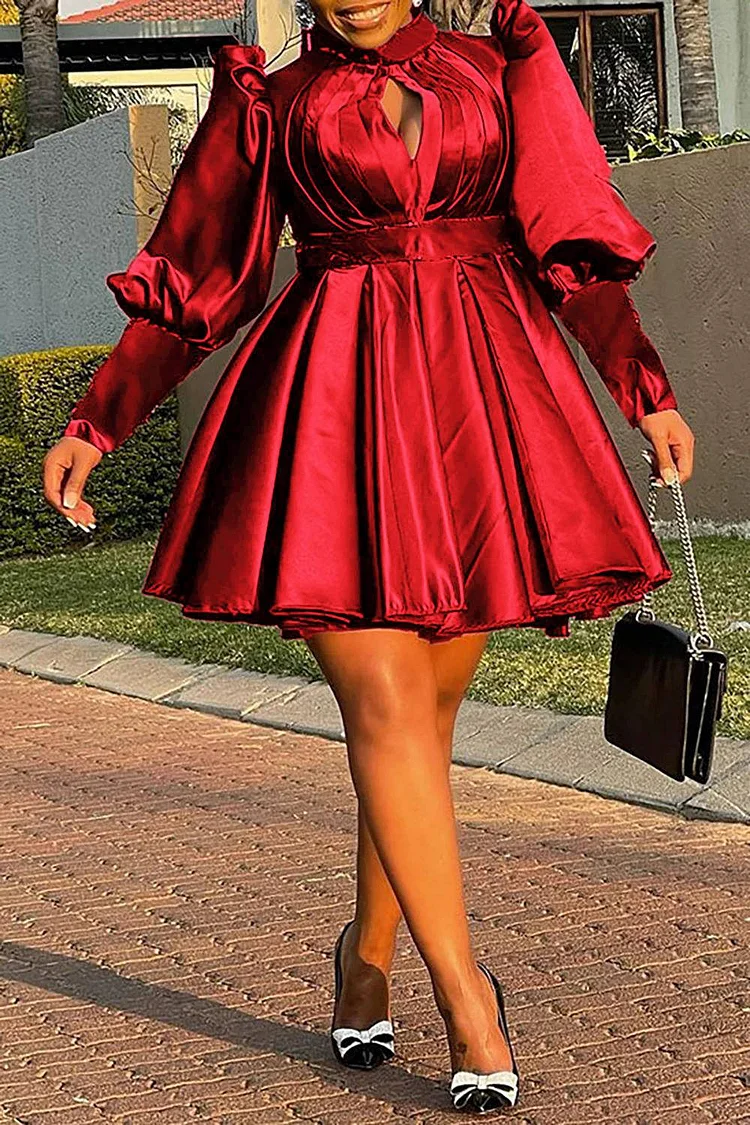 Plus Size Party Dress Burgundy Solid A Line Puff Sleeve Mini Dress [Pre-Order]