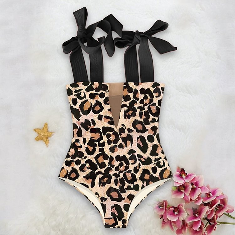 Flaxmaker Tie-detailed Leopard One Piece Swimsuit