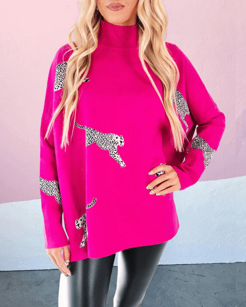 Rotimia Casual Turtleneck Cheetah Print Sweater