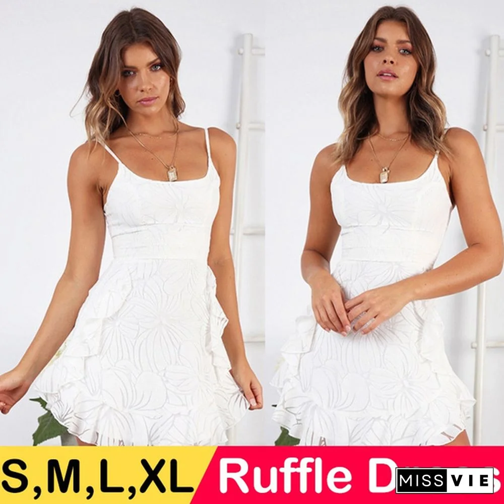 Summer Dress Sleeveless Spaghetti Strap Mini Ruffle Dress Women White Elegant Party Dress Vestidos