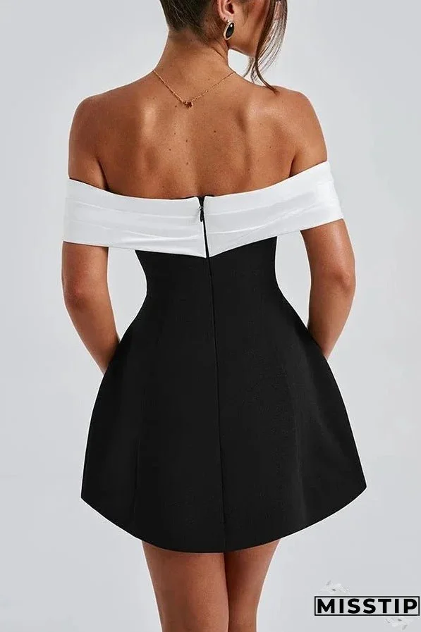 Sexy Contrast Off-the-shoulder Bow-embellished Mini Dress