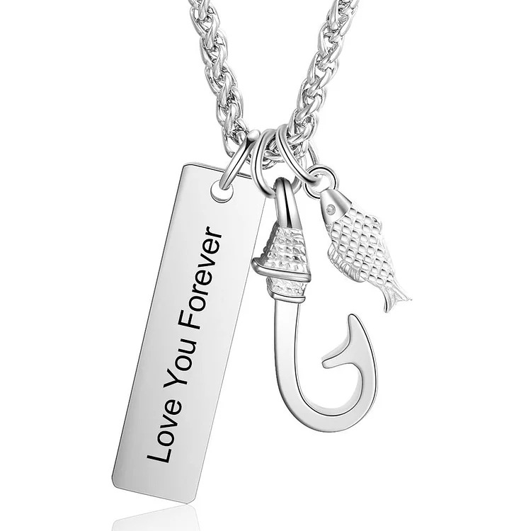 Men Fish Hook Necklace with Engraved Bar Pendant Charm Personalized Gift for Father