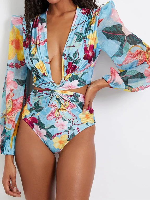 Long Sleeve Floral Printed High Waist One Piece
