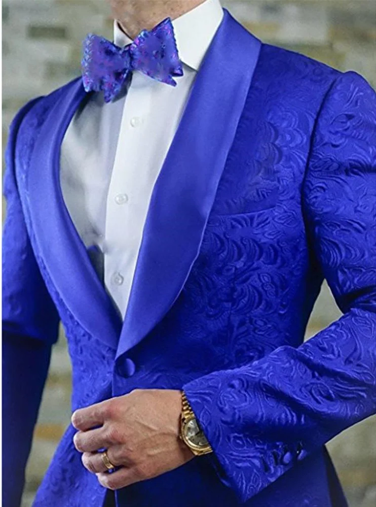 Royal Blue Two Pieces Jacquard Shawl Lapel wWdding Blazer