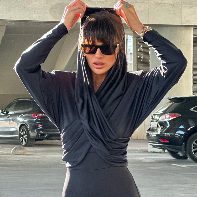 Ootddress Fashion Satin Hoodie Y2k Top For Women Long Sleeve Bandage Patchwork Solid Sexy Vintage Cropped Top Ladies Crop top Tee