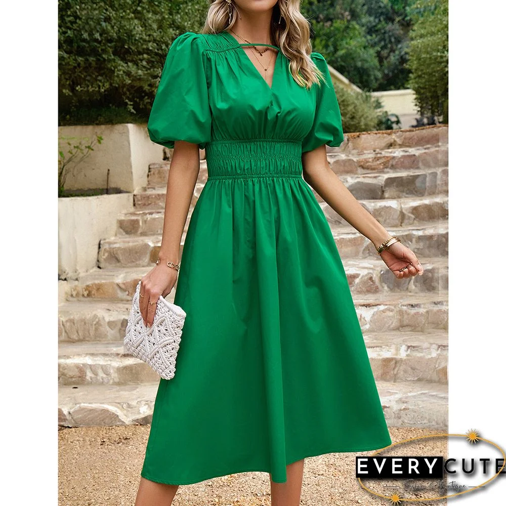 Green Solid V Neck Pleated Waist Midi Dress