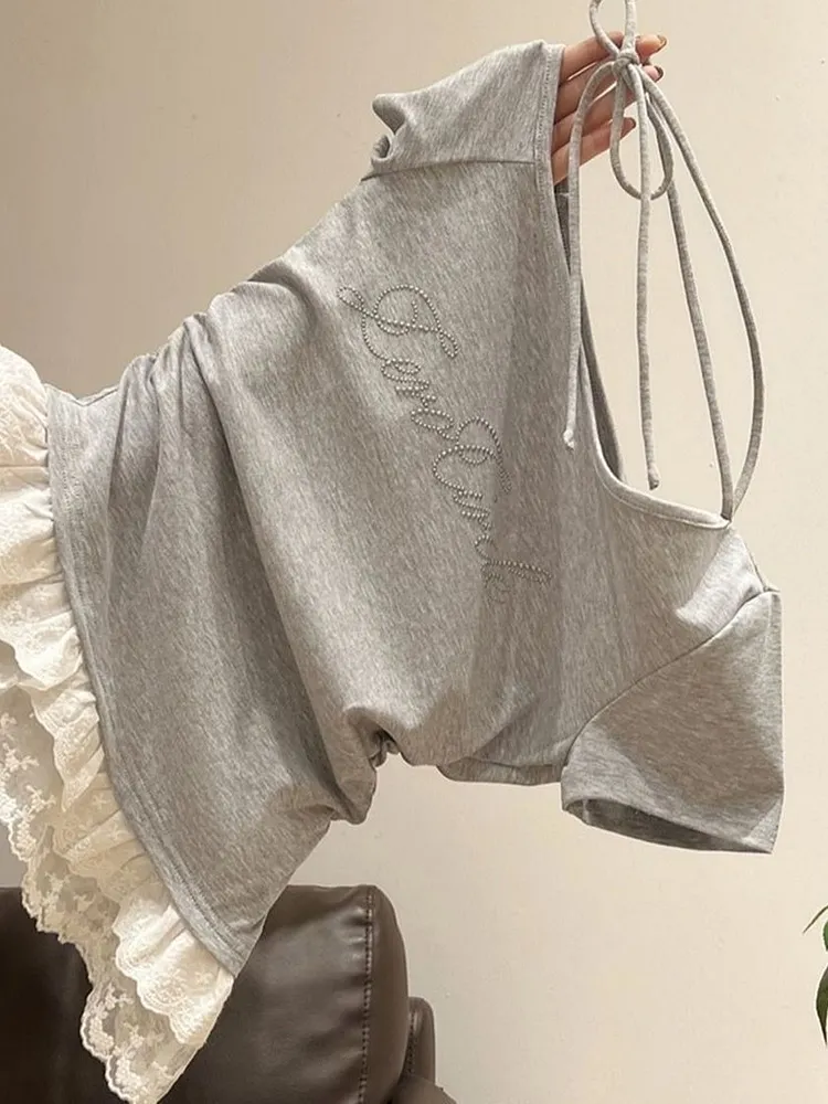 Cropped Cotton Top with Diagonal Neckline & Lace Trim