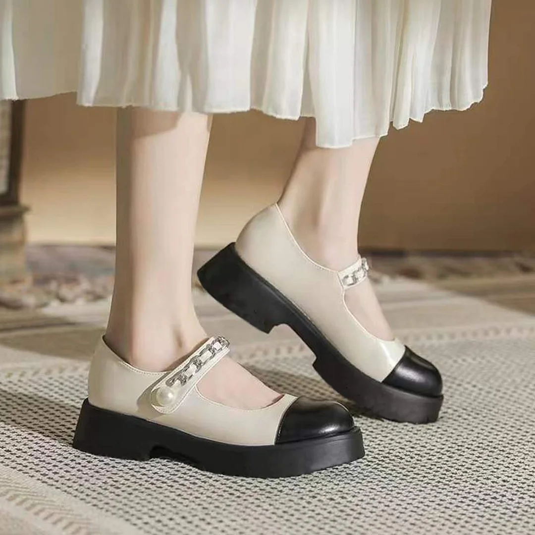 Vegan Leather Round Toe Chain Strap Mary Janes in Black & White