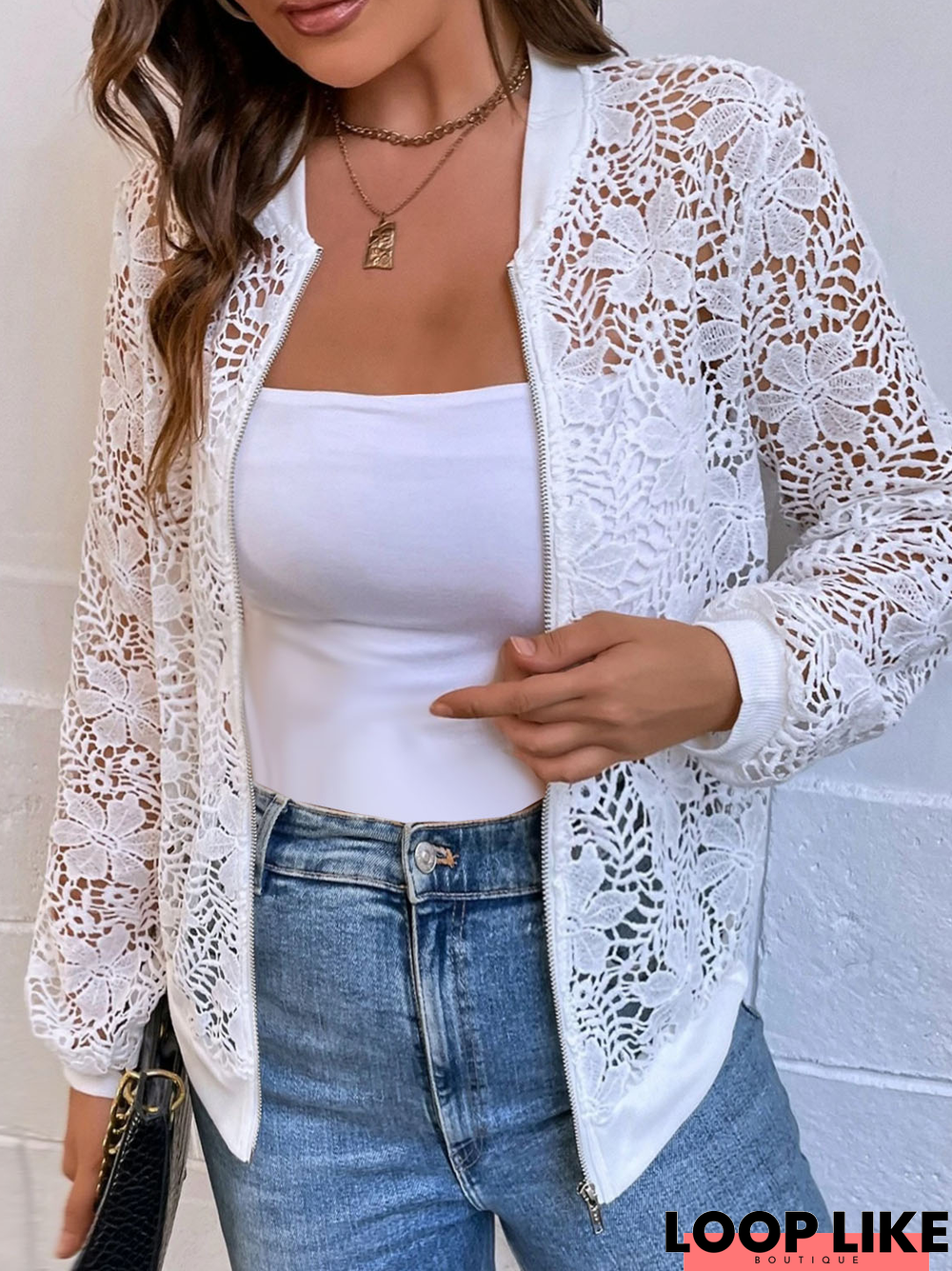 Casual Plain Floral Pattern Lace Bomber Jacket