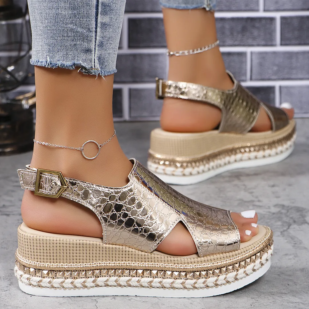 Yyvonne Summer New Large-Size Fish Mouth Buckle Slope Heel Sandals Women's Fashion Comfortable Thick-Soled Bright Face Women's Sandals