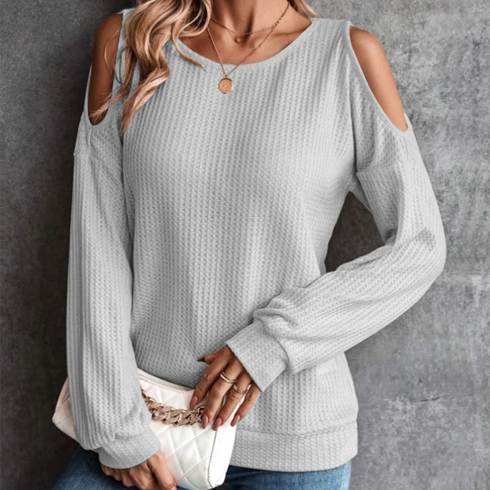 Smiledeer 2023 autumn and winter new women's off-the-shoulder button loose long-sleeved T-shirt