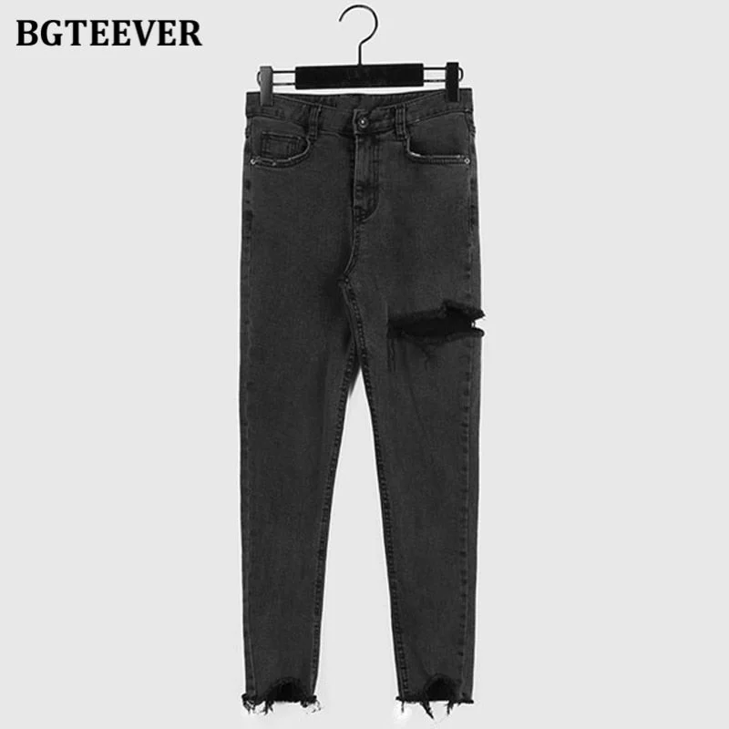 BGTEEVER Chic Irregular Ripped Holes Women Pencil Denim Jeans Stylish High Waist Stretched Female Skinny Denim Pants 2021 Spring