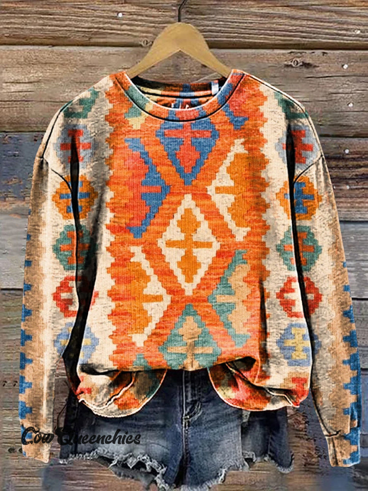 Vintage Aztec Art Print Casual Cotton Sweatshirt Multicolor / S