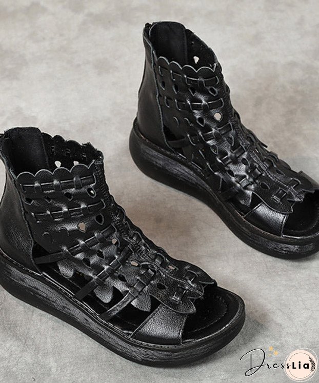Simple Black Cowhide Leather Sandals Cross Strap Splicing Sandals