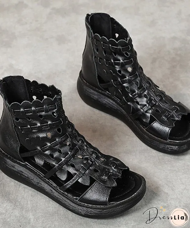 Simple Black Cowhide Leather Sandals Cross Strap Splicing Sandals