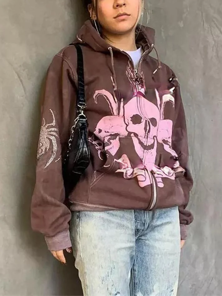 Brownm Skeleton Graphic Zip-Up Oversized Hoodie