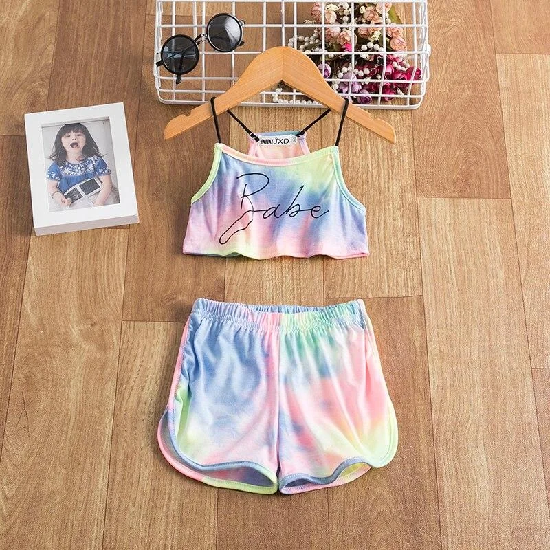 Littile Girl's Clothes Set Summer Kids Tie dye Sling Top+ Short Pants Outfits Soft Casual Kids Sleeveless Clothing Sets Toddler