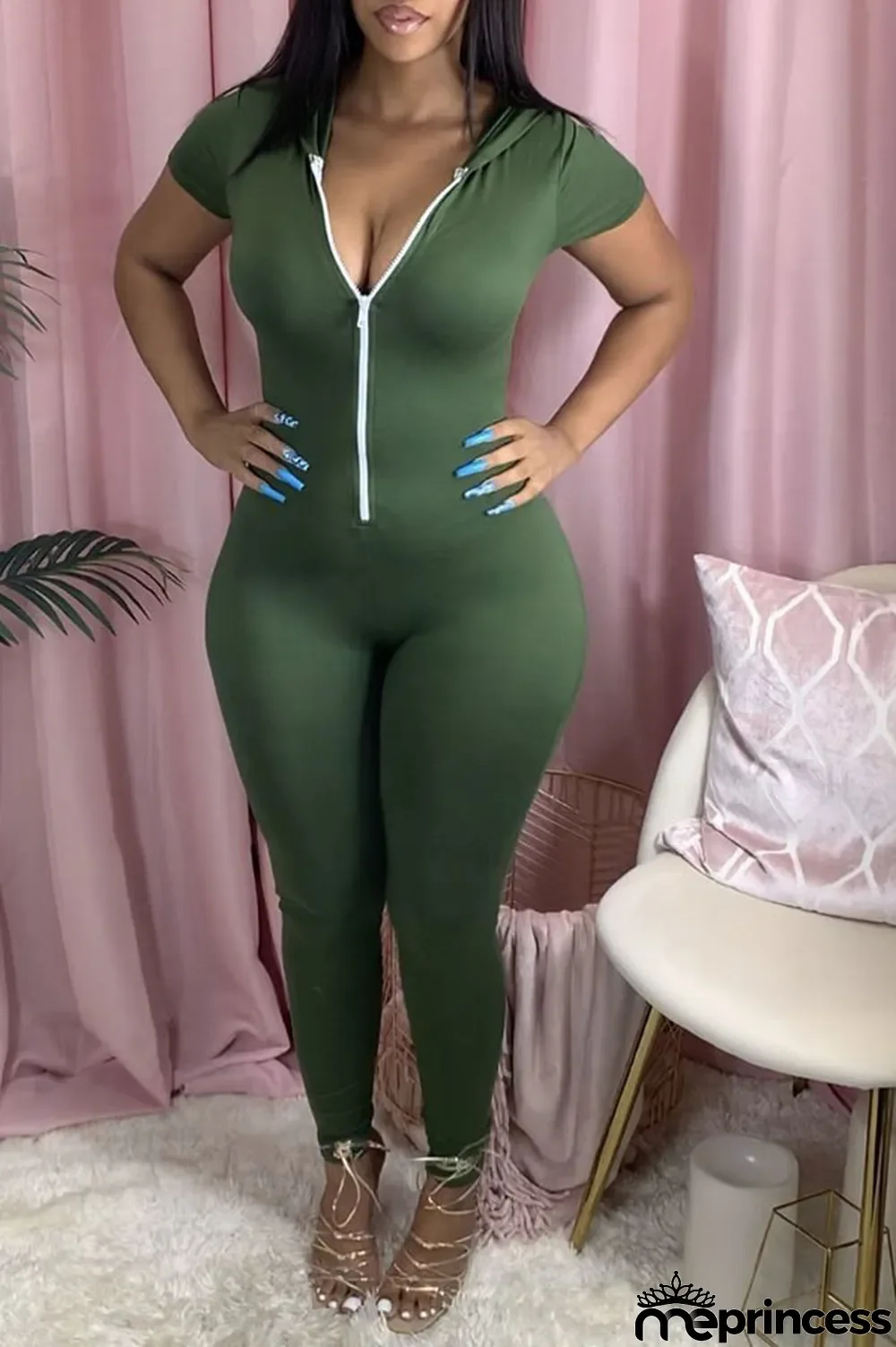 Green Casual Solid zipper Cotton Blend Short Sleeve V Neck Jumpsuits