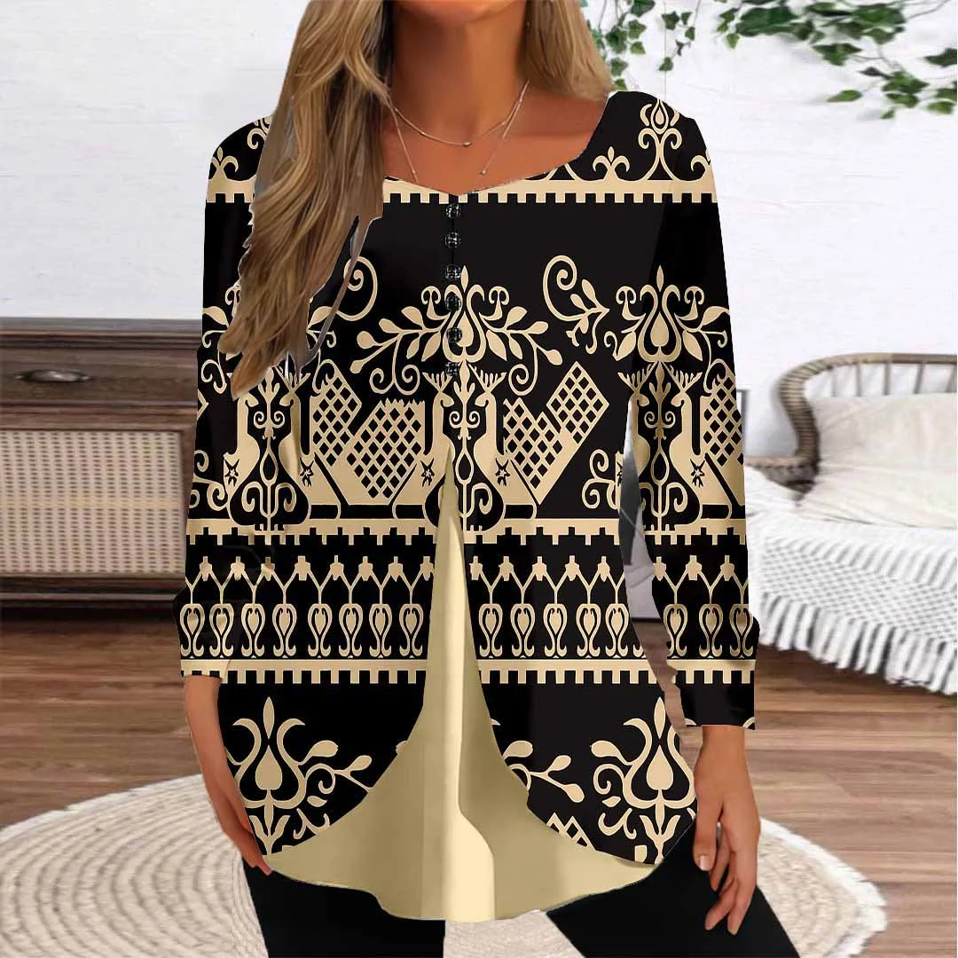 Women Graphic,Black DZGG8291 Long Sleeve Scoop Neck Printed Graphic Button Fake 2in1 Tops